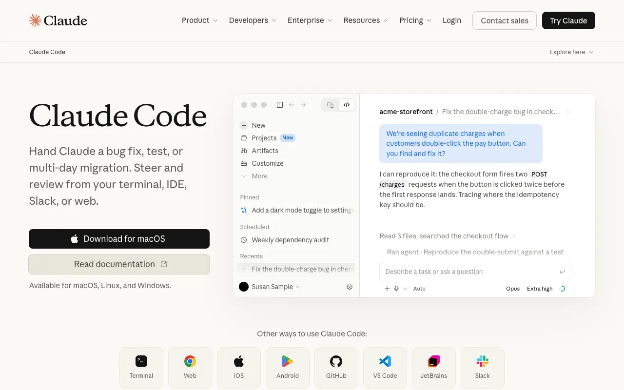 Claude Code product page with a desktop app showing a coding session.