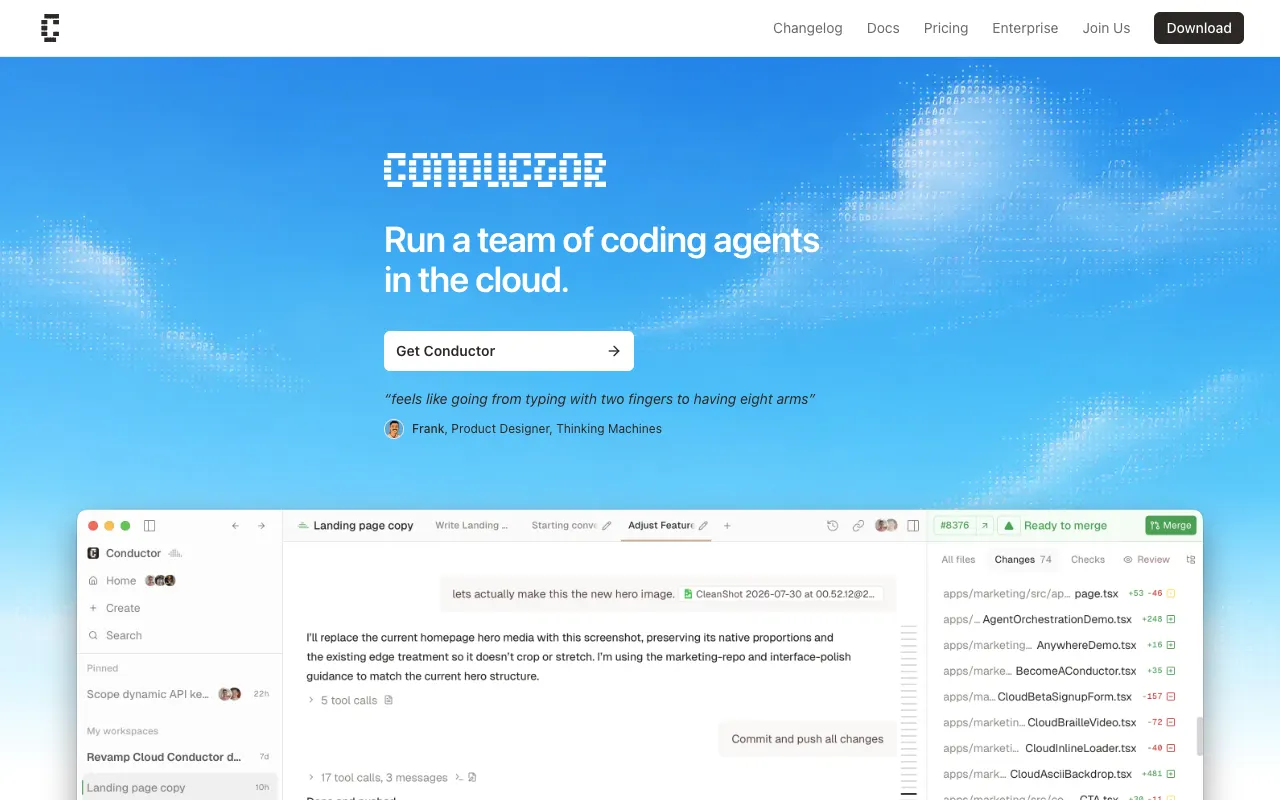 Conductor homepage with the headline "Run a team of coding agents in the cloud." above a screenshot of the Mac app.