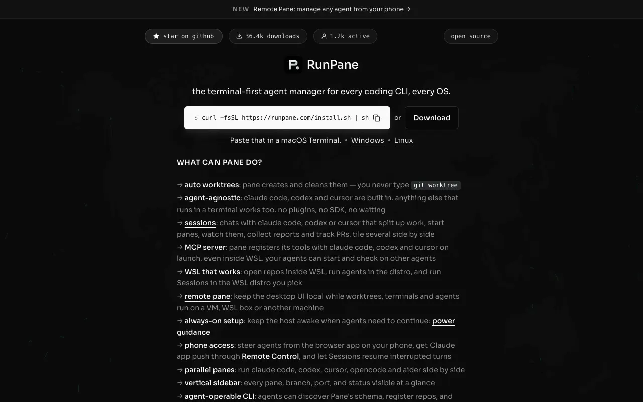 RunPane homepage: "the terminal-first agent manager for every coding CLI, every OS", an install command and a feature list.