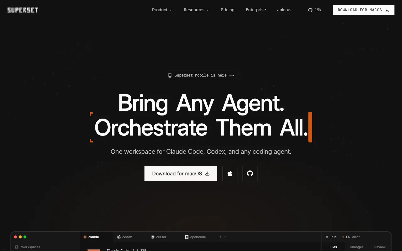 Superset homepage with the headline "Bring Any Agent. Orchestrate Them All." and a macOS download button.